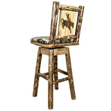 Glacier Country Collection Counter Height Barstool W/ Back & Swivel, Woodland Upholstery W/ Laser Engraved Bronc Design