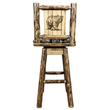 Glacier Country Collection Barstool W/ Back & Swivel, Woodland Pattern Upholstery W/ Laser Engraved Bear Design