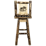 Glacier Country Collection Barstool W/ Back & Swivel, Woodland Pattern Upholstery W/ Laser Engraved Moose Design