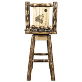 Glacier Country Collection Barstool W/ Back & Swivel, Woodland Pattern Upholstery W/ Laser Engraved Wolf Design