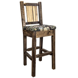 Homestead Collection Counter Height Barstool W/ Back - Woodland Upholstery, W/ Laser Engraved Pine Tree Design
