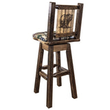 Homestead Collection Barstool W/ Back & Swivel, Woodland Pattern Upholstery W/ Laser Engraved Bear Design