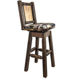 Homestead Collection Barstool W/ Back & Swivel, Woodland Pattern Upholstery W/ Laser Engraved Elk Design