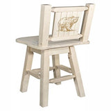 Homestead Collection Counter Height Barstool W/ Back & Swivel W/ Laser Engraved Bear Design, Clear Lacquer Finish