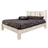 Homestead Collection King Platform Bed W/ Laser Engraved Elk Design, Clear Lacquer Finish