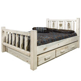 Homestead Collection King Storage Bed W/ Laser Engraved Pine Design, Clear Lacquer Finish