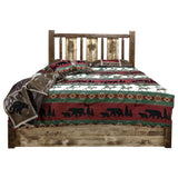 Homestead Collection Platform Bed W/ Storage, Queen W/ Laser Engraved Pine Design, Stain & Clear Lacquer Finish