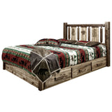 Homestead Collection Platform Bed W/ Storage, Queen W/ Laser Engraved Pine Design, Stain & Clear Lacquer Finish