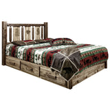 Homestead Collection Platform Bed W/ Storage, Queen W/ Laser Engraved Pine Design, Stain & Clear Lacquer Finish