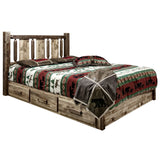 Homestead Collection Platform Bed W/ Storage, Queen W/ Laser Engraved Wolf Design, Stain & Clear Lacquer Finish