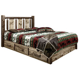 Homestead Collection Platform Bed W/ Storage, Twin W/ Laser Engraved Bear Design, Stain & Clear Lacquer Finish