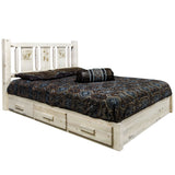 Homestead Collection Platform Bed W/ Storage, Twin W/ Laser Engraved Bear Design, Clear Lacquer Finish