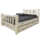 Homestead Collection Queen Storage Bed W/ Laser Engraved Moose Design, Clear Lacquer Finish