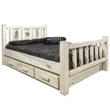 Homestead Collection Queen Storage Bed W/ Laser Engraved Pine Design, Clear Lacquer Finish