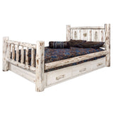 Montana Collection Full Storage Bed W/ Laser Engraved Pine Design, Clear Lacquer Finish