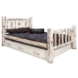 Montana Collection Full Storage Bed W/ Laser Engraved Pine Design, Clear Lacquer Finish