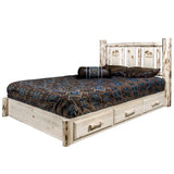 Montana Collection Platform Bed W/ Storage, California King W/ Laser Engraved Moose Design, Clear Lacquer Finish