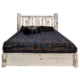 Montana Collection Platform Bed W/ Storage, California King W/ Laser Engraved Wolf Design, Clear Lacquer Finish