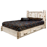 Montana Collection Platform Bed W/ Storage, California King W/ Laser Engraved Wolf Design, Clear Lacquer Finish