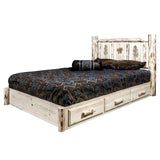 Montana Collection Platform Bed W/ Storage, Full W/ Laser Engraved Pine Design, Clear Lacquer Finish