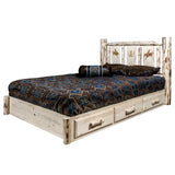 Montana Collection Platform Bed W/ Storage, Twin W/ Laser Engraved Bronc Design, Ready To Finish