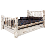 Montana Collection Twin Storage Bed W/ Laser Engraved Wolf Design, Clear Lacquer Finish