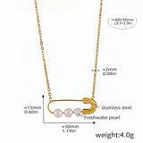Gold Safety Pin Necklace with Freshwater Pearls Stainless Steel Pendant Chain Dainty Statement Jewelry (15.7in + 1.9in) 4.0g