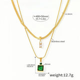 Layered Gold Chain Necklace with Green Zircon & Crystal Drop Pendant Stainless Steel Adjustable 15.7''+1.9'' Elegant Womens J