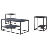 Nibley 3 Piece Occasional Table Set With Storage, Pewter Wood Top & Black Metal Frame (Cocktail Coffee Table & 2 End Tables)