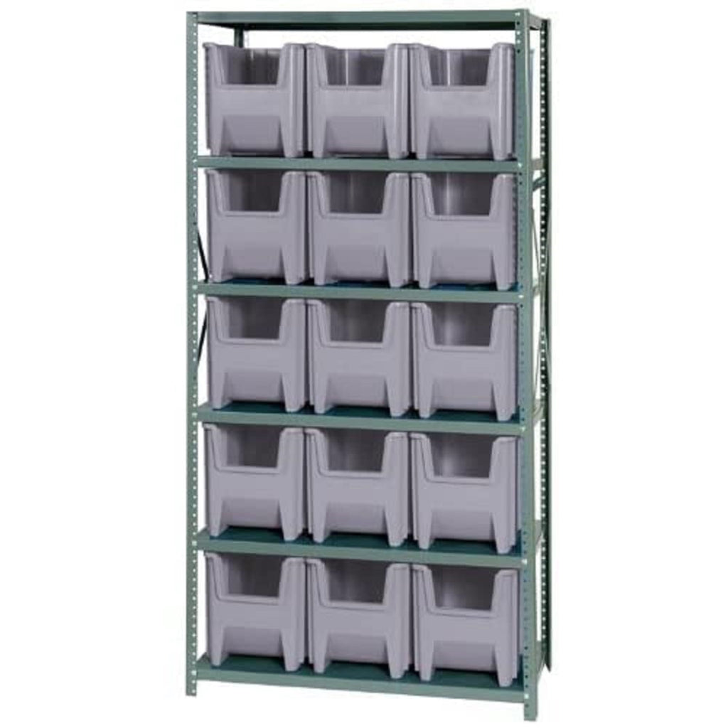 Shelving Unit, 18D X 36L X 75H, Heavy Duty, 400 Lb. Load Capacity Per Shelf, Includes: (6) Shelves And (15) Qgh600 Gray Bins, Up