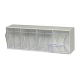 Tip Out Bin, (4) Compartment, Handle With Label Slot, Opens To A 45 Angle, Plastic Clear Container, Polystyrene White Cabinet, M