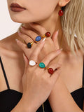 Stainless Steel Statement Ring with Teardrop Black Resin - Modern Minimalist Band for Women - Size 7