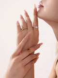 Stainless Steel Cocktail Ring with Square Pink Zircon and Accents - Elegant Statement Ring for Women - Size 7