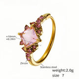 Stainless Steel Cocktail Ring with Square Pink Zircon and Accents - Elegant Statement Ring for Women - Size 7