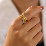 Gold Stainless Steel Crisscross Ring for Women Czech Diamond Accents, Elegant Design, Size 6