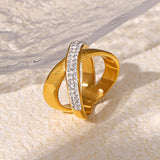 Criss-Cross Gold Statement Ring Titanium Steel with Czech Diamonds Elegant Crossover Design, Sizes 6