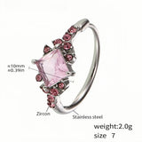 Stainless Steel Cocktail Ring with Square Pink Zircon and Accents - Elegant Statement Ring for Women - Size 7 (Silver Tone)
