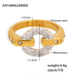Gold Titanium Steel Ring for Women Circular Rhinestone Accent Band, Luxury Sparkling Statement Ring, Sizes 6