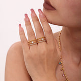Gold Plated Stainless Steel Open Ring with Zircon Crystals Adjustable Band Fashion Ring for Women, Size 7