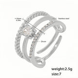 Silver Stainless Steel Open Ring for Women Triple Band Adjustable Ring with Zircon Accents, Size 7