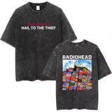 Radiohead Rock Band Washed Cotton T-Shirt – Retro Alternative Rock Graphic Tee, Vintage Distressed Heavyweight Style Unisex Concert Top