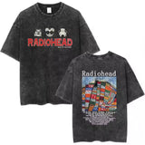 Radiohead Rock Band Washed Cotton T-Shirt – Retro Alternative Rock Graphic Tee, Vintage Distressed Heavyweight Style Unisex Concert Top