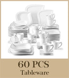 MALACASA 30/60 Piece White Porcelain Dinner Set with Cups Saucers Dessert Soup Dinner Plates Tableware Service for 6/12