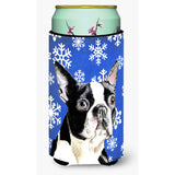 Boston Terrier Winter Snowflakes Holiday Tall Boy Beverage Insulator Beverage Insulator Hugger