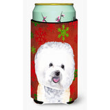Bichon Frise Red And Green Snowflakes Holiday Christmas Tall Boy Beverage Insulator Beverage Insulator Hugger