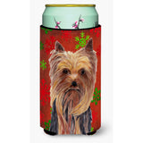 Yorkie Red And Green Snowflakes Holiday Christmas Tall Boy Beverage Insulator Beverage Insulator Hugger