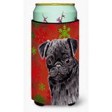 Pug Red And Green Snowflakes Holiday Christmas Tall Boy Beverage Insulator Beverage Insulator Hugger