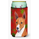 Basenji Red And Green Snowflakes Holiday Christmas Tall Boy Beverage Insulator Beverage Insulator Hugger
