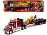 International Lonestar Truck with Flatbed Trailer Red Metallic with Front Loader and Rocks Long Haul Truckers Series 1/32 Diec