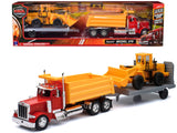 Peterbilt 379 Dump Truck Red and Wheel Loader Yellow with Flatbed Trailer Long Haul Truckers Series 1/32 Diecast Model by New